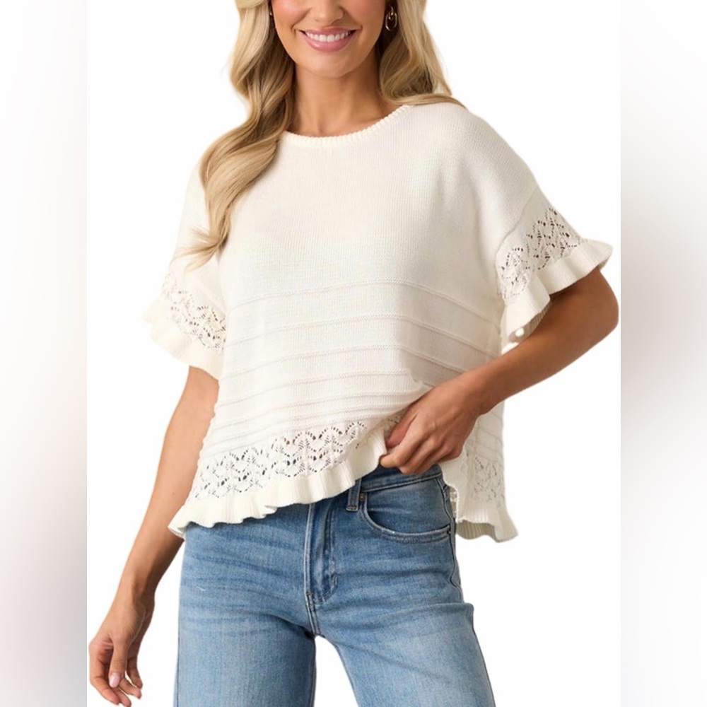 BRAND NEW Short Sleeve Sweater Round Neck Ruffled Hem Knit Crochet Top XS